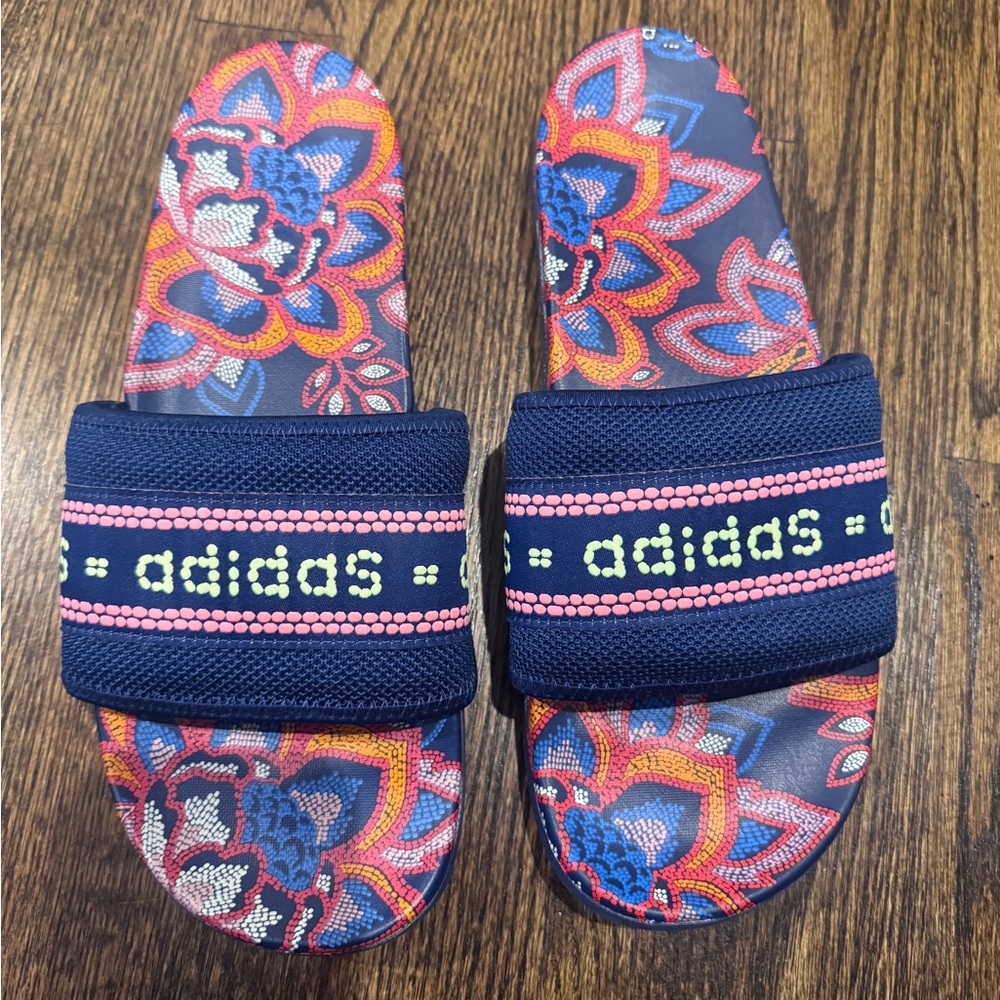 Farm Rio Slides Sandals Adidas Collaboration Women's Size 10 Blue Floral